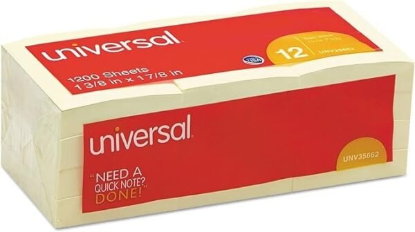 Universal Self-Stick Note Pads, 3 x 3, Yellow, 100-Sheet, 12/Pack
