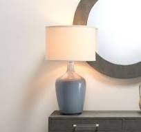Table Lamp in Dove Grey Glass w/ Drum Shade in Pebble Linen