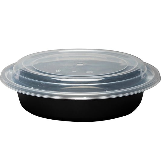 Durable 48 oz Black Round Container