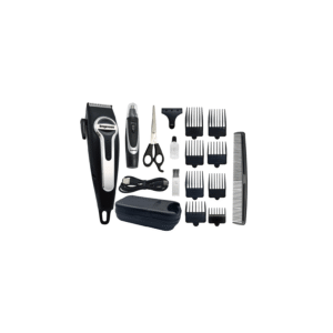 18 piece rechargeable hair clipper plus nose trimmer kit w/hard case