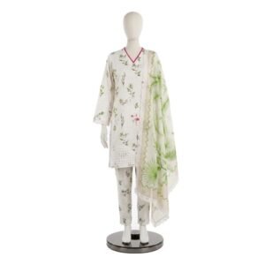Ivory Floral Printed Cotton Suit Set - 3 PC